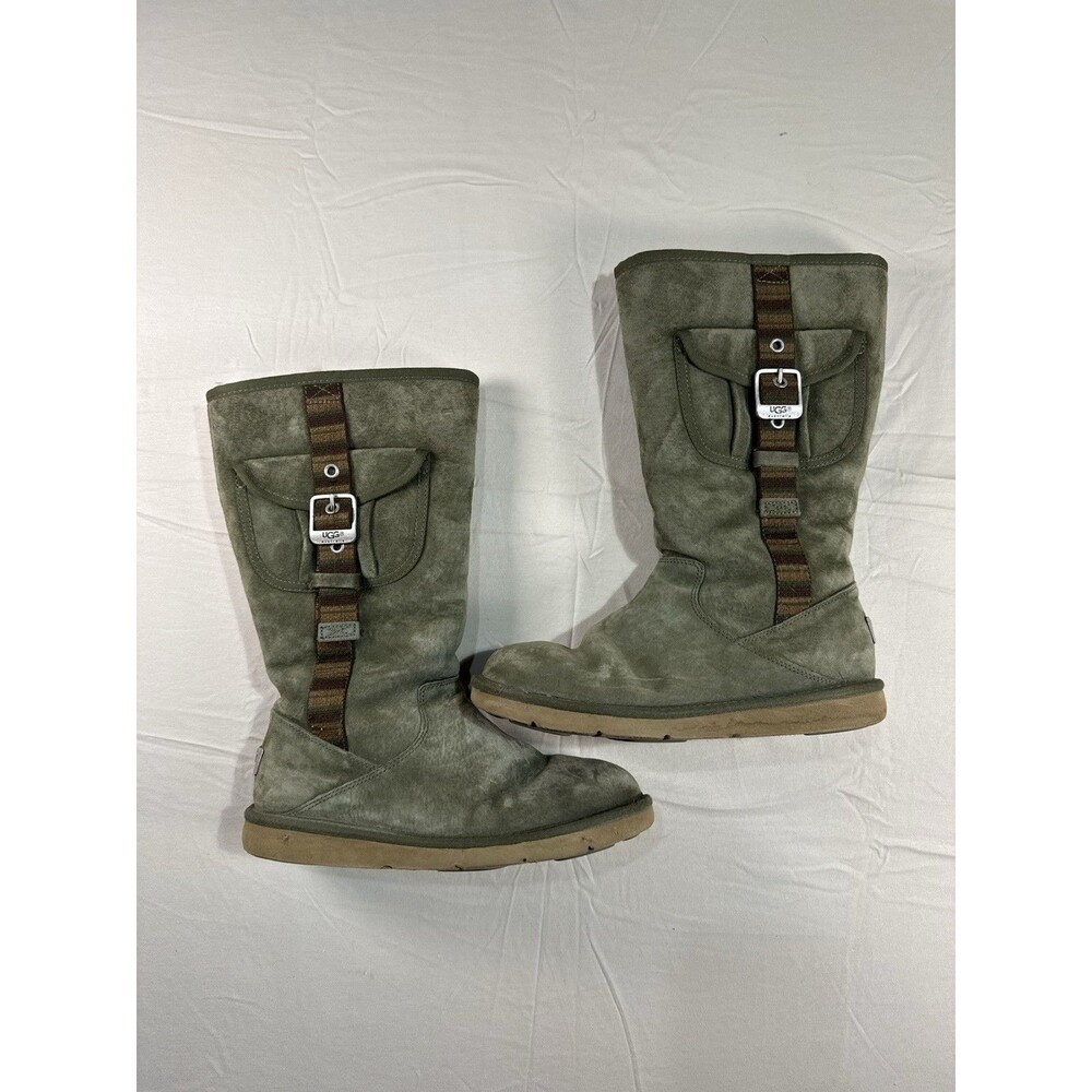 UGG Retro Tall Buckle Cargo Boots – Women’s 8 – Green Suede – Sheepskin Lined –